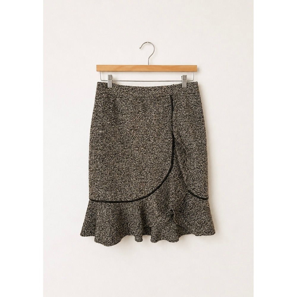 Elie‎ Tahari Brown Peplum Flared Virgin Wool Skirt Leather Trim Size 14 Trumpet